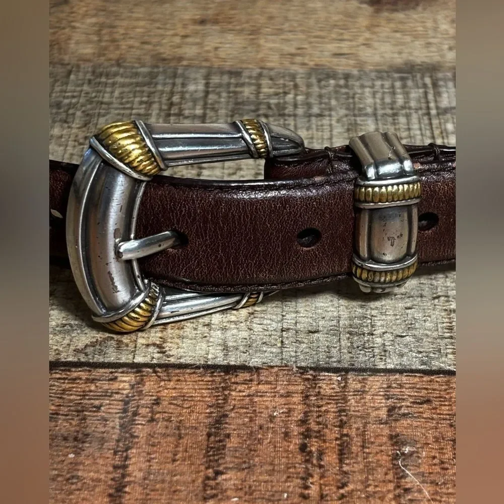VTG Fossil Belt Womens Large Brown Leather 2-Tone Silver Brass Buckle Band